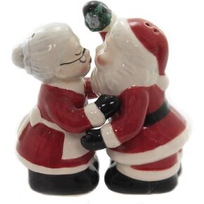 Fine Ceramic Kissing Santa & Mrs. Claus Under the Mistle Salt & Pepper Shakers Set, 3-3/8"