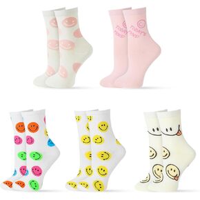 Cute Crew Socks 5 Pairs Smiley Face Socks for Women Girls Casual Soft Cotton Socks Novelty Funny Athletic Socks US 6-8