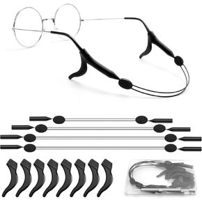 4Pcs Adjustable Glasses Strap, Glasses Sport Strap Holder Sunglass Retainer, Upgrade No Tail Anti-Slip Eyeglass Straps and Ear Hook 8Pcs for Men Women (Black)