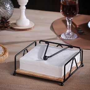 Flat Napkin Holder for Table, Rustic Vintage Wood Napkin Dispenser, Square Paper Napkin Holder with Weighted Arm and Wood Base, Black Tissue Holder for Kitchen Dinning Table Restaurants Countertop