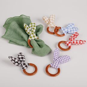 Easter Bunny Napkin Rings Set of 6, Colorful Plaid Cloth Bunny with Wooden Buckle Napkins Holder, Ideal for Easter Day Celebration, Kitchen, Dinner Party, Festival Decor