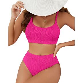 Women Ribbed Swimsuits Two Piece Tummy Control Bathing Suits High Waisted Bikini Sets Push Up Top Coverage Bottom