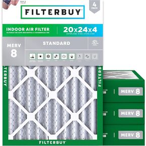 Filterbuy 20x24x4 Air Filter MERV 8 Dust Defense (4-Pack), Pleated HVAC AC Furnace Air Filters Replacement (Actual Size: 19.38 x 23.38 x 3.63 Inches)