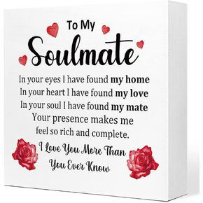 To My Soulmate Floral Wooden Sign Desk Decor,Inspirational Love Saying Wood Block Sign Desk Decorations for Home Bedroom Shelf Table Decor,Wedding Gifts For Couples Her Husband Wife
