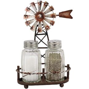 Ebros 6.5"Tall Rustic Country Farm Agricultural Windmill Outpost Salt And Pepper Shakers Holder Display Stand Set Western Kitchen Dining Home Decor Centerpiece In Aged Bronze Finish