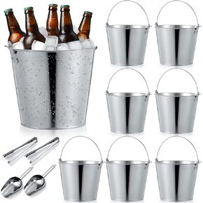 10L Large Beer Bucket 10.6 x 10.2 x 7.5 Inches Galvanized Metal Ice Bucket Tin Silver with Handle, Include 2 Shovels 2 Tongs for Wine Champagne Bar Wedding Summer Party(12 Pcs)