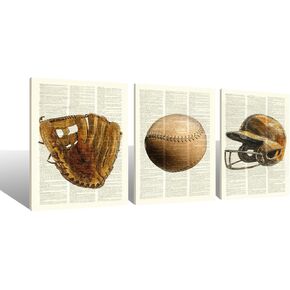SiuSue Baseball decor wall arts canvas painting set,11X14 inch Set Of 3, Vintage Baseball wall Decor, Baseball Glove wall art, Gift for Baseball Lover, Baseball Player Gift, Gift Dad, Son, Husband.