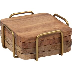 Set of 4 Square Coasters with a Metal Case, Acacia Wood, Brown