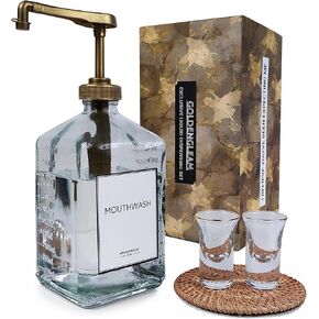 37oz Large Mouthwash Dispenser for Bathroom - Mouthwash Pump Dispenser, Glass Mouthwash Dispenser with Cups, Mouthwash Bottle Glass Dispenser, Mouth Wash Container for Bathroom (Gold)