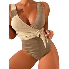 WDIRARA Women's Color Block Tie Side Wrap V Neck One Piece Swimsuit Monokini Swimwear