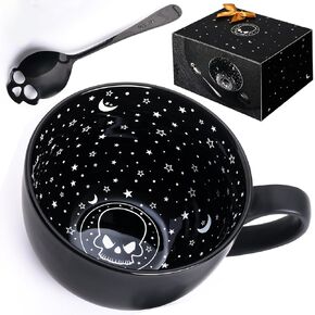 Midnight Skull Coffee Mugs with Spoons, Halloween Christmas Birthday White Elephant Gifts for Adult Women Men Friends, Spooky Witchy Gag Fun Gifts Gothis Decor Novelty Tea Cups