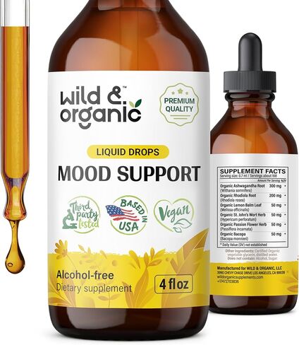 Wild & Organic Mood Support Drops - Good Mood Supplements w/Ashwagandha Root & Rhodiola Rosea - Natural Liquid Drops for Positive Energy - Calm and Relax Supplements for Women and Men - 2 oz in Kuwait
