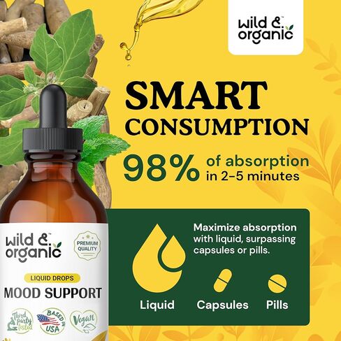 Wild & Organic Mood Support Drops - Good Mood Supplements w/Ashwagandha Root & Rhodiola Rosea - Natural Liquid Drops for Positive Energy - Calm and Relax Supplements for Women and Men - 2 oz in Kuwait