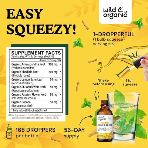 Wild & Organic Mood Support Drops - Good Mood Supplements w/Ashwagandha Root & Rhodiola Rosea - Natural Liquid Drops for Positive Energy - Calm and Relax Supplements for Women and Men - 2 oz in Kuwait