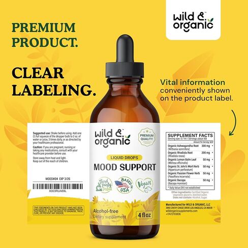 Wild & Organic Mood Support Drops - Good Mood Supplements w/Ashwagandha Root & Rhodiola Rosea - Natural Liquid Drops for Positive Energy - Calm and Relax Supplements for Women and Men - 2 oz in Kuwait
