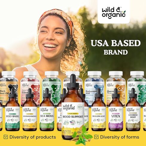 Wild & Organic Mood Support Drops - Good Mood Supplements w/Ashwagandha Root & Rhodiola Rosea - Natural Liquid Drops for Positive Energy - Calm and Relax Supplements for Women and Men - 2 oz in Kuwait