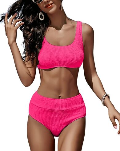 High Waisted Bikini Sets for Women Ribbed 2 Piece Swimsuit Full Coverage Bottom Tummy Control Bathing Suit Crop Top in Saudi Arabia