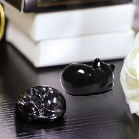 Sleeping Cat Statue Healing Crystals Office Desk Gift Carved Gemstone Office Sculpture for Women (Black) in Saudi Arabia