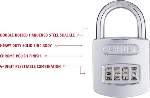 ABUS 160/50 B 160 All Weather Chrome 4 Dial Combination Padlock, Black/Silver in Kuwait