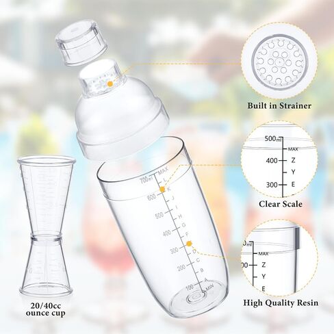 Uiifan 6 Pcs Plastic Drink Cocktail Shaker Set 4 Pcs 17 oz 24 oz Drink Mixer Hand Shaker Jigger Cup with Scales and 2 Pcs Ounce Cup Clear Cocktail Shaker for Bar Party Tea Mixing Tool in Saudi Arabia