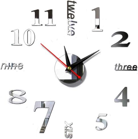 Wall Clock Mirror Surface Acrylic Sticker Silence 3D Quartz Clock DIY Modern Style Design Home Office Living Room Decoration(15.75inch,Silver) in Saudi Arabia