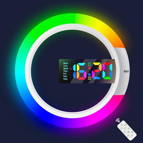 ساعة حائط رقمية LED كبيرة، ساعة منبه حائط مستديرة مقاس 12 بوصة مع جهاز تحكم عن بعد RGB وإضاءة ليلية ودرجة حرارة أسبوعية ومنبهات حائطية مزدوجة لغرفة المعيشة وغرفة النوم والمكتب المنزلي in Saudi Arabia
