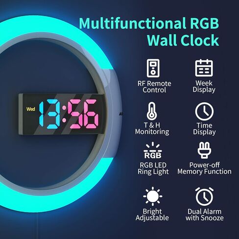 ساعة حائط رقمية LED كبيرة، ساعة منبه حائط مستديرة مقاس 12 بوصة مع جهاز تحكم عن بعد RGB وإضاءة ليلية ودرجة حرارة أسبوعية ومنبهات حائطية مزدوجة لغرفة المعيشة وغرفة النوم والمكتب المنزلي in Saudi Arabia