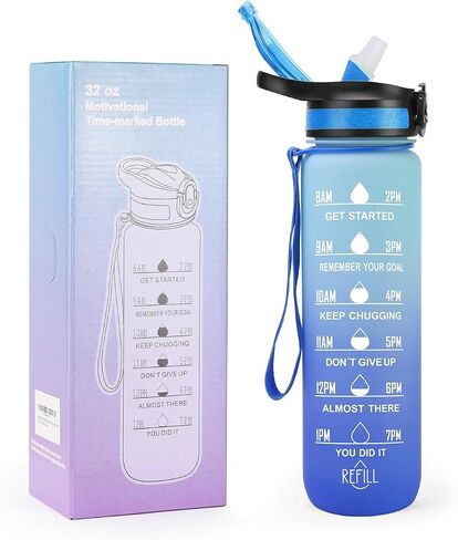 32 oz Water Bottle with Times to Drink and Straw, Motivational Drinking Bottles with Carrying Strap BPA & Toxic Free Leak proof Bottle, Perfect for Fitness, Gym and Outdoors (Aurora-Green) in Saudi Arabia