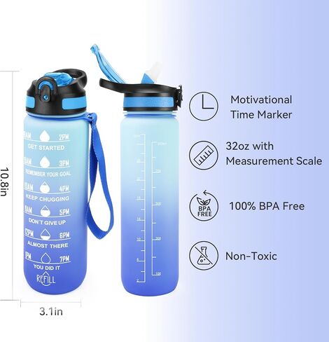 32 oz Water Bottle with Times to Drink and Straw, Motivational Drinking Bottles with Carrying Strap BPA & Toxic Free Leak proof Bottle, Perfect for Fitness, Gym and Outdoors (Aurora-Green) in Saudi Arabia