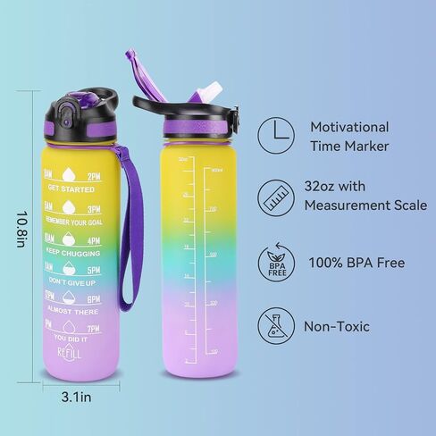 32 oz Water Bottle with Times to Drink and Straw, Motivational Drinking Bottles with Carrying Strap BPA & Toxic Free Leak proof Bottle, Perfect for Fitness, Gym and Outdoors (Aurora-Green) in Saudi Arabia
