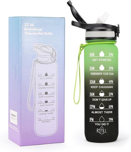 32 oz Water Bottle with Times to Drink and Straw, Motivational Drinking Bottles with Carrying Strap BPA & Toxic Free Leak proof Bottle, Perfect for Fitness, Gym and Outdoors (Aurora-Green) in Saudi Arabia