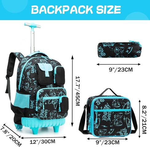 Meetbelify Boys Rolling Backpack with Wheels Kids Travel Luggage with Lunch Box Pencil Case for Elementary Students 18inch Carry on Suitcase for Boys Ages 8-10 in Saudi Arabia