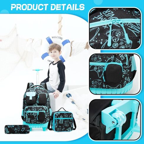 Meetbelify Boys Rolling Backpack with Wheels Kids Travel Luggage with Lunch Box Pencil Case for Elementary Students 18inch Carry on Suitcase for Boys Ages 8-10 in Saudi Arabia