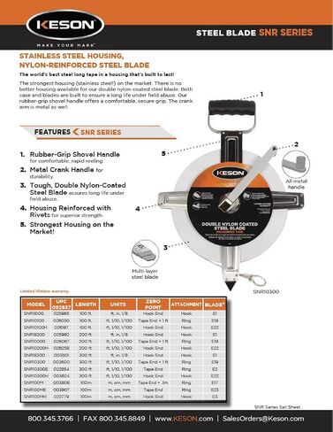 Keson SNR100M Nylon-Reinforced Steel Blade Tape Measure with Stainless Steel Housing, Zero Point at Tape End + .3-Meters and Ring End (Graduations: m, cm, mm), 100-Meter in Saudi Arabia