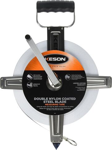 Keson SNR100M Nylon-Reinforced Steel Blade Tape Measure with Stainless Steel Housing, Zero Point at Tape End + .3-Meters and Ring End (Graduations: m, cm, mm), 100-Meter in Saudi Arabia