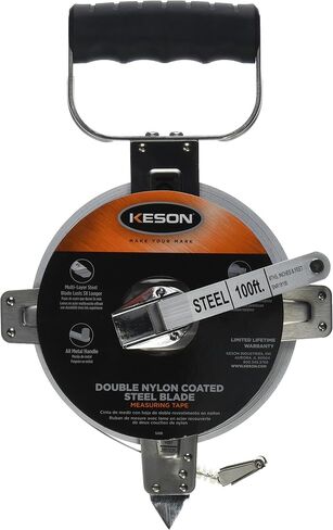 Keson SNR100M Nylon-Reinforced Steel Blade Tape Measure with Stainless Steel Housing, Zero Point at Tape End + .3-Meters and Ring End (Graduations: m, cm, mm), 100-Meter in Saudi Arabia
