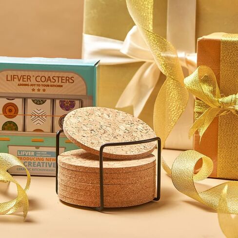 LIFVER 8 Packs Cork Coasters for Drinks, Outdoor Coasters with Holder, 4 Inches Drink Coasters with Cork Bases, for Tabletop Protection, Ideal Housewarming Gifts, Home Decor in Kuwait