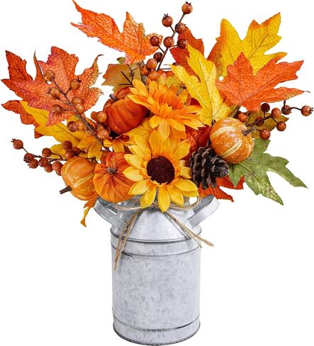 Winlyn 15 "مزرعة الخريف ترتيب الأزهار في علبة الحليب المجلفن خمر البرتقال الاصطناعي اليقطين عباد الشمس التوت كوز الصنوبر وورقة القيقب يختار لفصل الخريف عيد الشكر الحصاد الجدول المركزية in Saudi Arabia