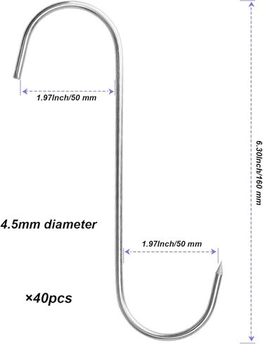 40 قطعة من خطافات اللحوم مقاس 6.3 بوصة، خطاف جزار من الفولاذ المقاوم للصدأ على شكل حرف S، خطاف تدخين لمعالجة اللحوم للتعليق والتجفيف والشواء والدجاج والأضلاع in Kuwait