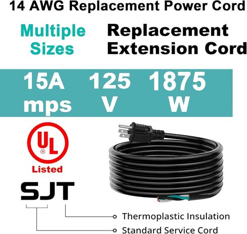 6 FT 12 AWG 3 Prong Replacement Power Cord, 20 Amp 12 Gauge 3 Conductor Wire Extension Cable with Pigtail Open Wiring End. in Kuwait