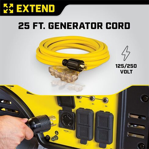 Champion 25-Foot 30-Amp 125/250-Volt Fan-Style Generator Extension Cord (L14-30P to four 5-20R), Yellow in Saudi Arabia