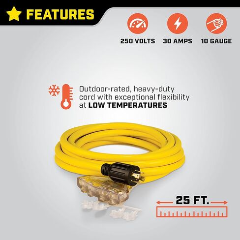 Champion 25-Foot 30-Amp 125/250-Volt Fan-Style Generator Extension Cord (L14-30P to four 5-20R), Yellow in Saudi Arabia