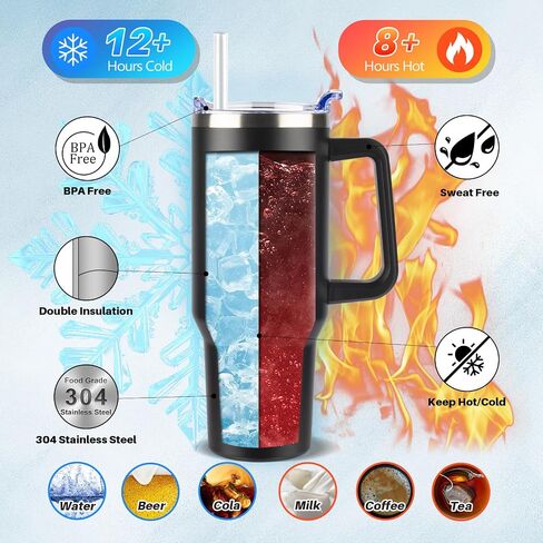 40 oz Tumbler with Handle and Straw Lid | Stainless Steel Water Bottle Travel Mug Reusable Insulated Cup With Lid And Straw, 100% Leak Proof, Keep Cold Heat and Ice for Hours(40oz,Black) in Saudi Arabia
