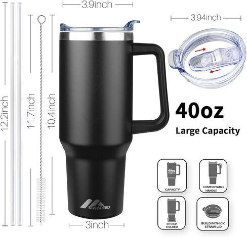 40 oz Tumbler with Handle and Straw Lid | Stainless Steel Water Bottle Travel Mug Reusable Insulated Cup With Lid And Straw, 100% Leak Proof, Keep Cold Heat and Ice for Hours(40oz,Black) in Saudi Arabia