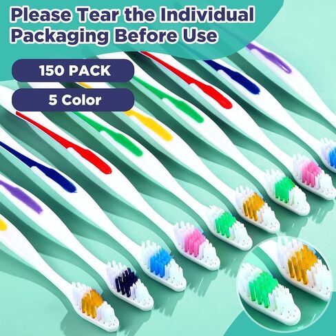 CHENGU 150 Pcs Individually Wrapped Toothbrushes Bulk Colorful Disposable Manual Toothbrush for Adult Kid Medium Soft Bristle Tooth Brushes for Travel Hotel Guests Homeless Use in Saudi Arabia