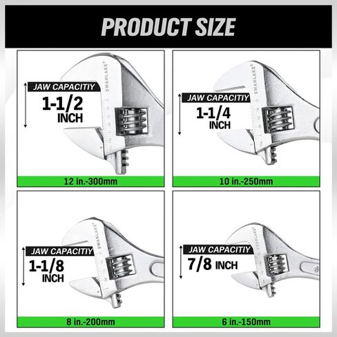 مجموعة مفاتيح ربط قابلة للتعديل مكونة من 4 قطع من SWANLAKE، فولاذ CR-V، مجموعة مفاتيح ربط هلالية (6 بوصة، 8 بوصة، 10 بوصة، 12 بوصة) in Kuwait