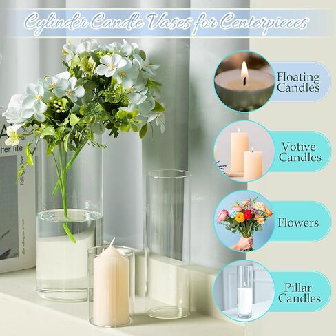 Maxcheck 12 Pcs Cylinder Vases Set 4/8/10 Inch Glass Cylinder Vases Bulk Floating Candles Holders Clear Flower Vases for Centerpieces Wedding Home Decor Party Table in Saudi Arabia