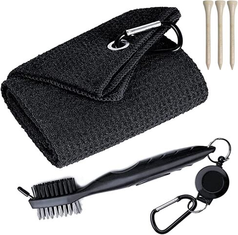 Golf Towels Microfiber Waffle Pattern Tri-fold Golf Bag Towel + Brush Tool Kit with Club Groove Cleaner,with Clip Men Women Golf Gifts and Golf Accessories (Black+Brush) in Kuwait