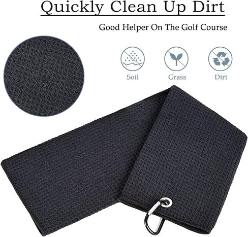 Golf Towels Microfiber Waffle Pattern Tri-fold Golf Bag Towel + Brush Tool Kit with Club Groove Cleaner,with Clip Men Women Golf Gifts and Golf Accessories (Black+Brush) in Kuwait