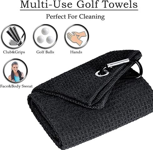 Golf Towels Microfiber Waffle Pattern Tri-fold Golf Bag Towel + Brush Tool Kit with Club Groove Cleaner,with Clip Men Women Golf Gifts and Golf Accessories (Black+Brush) in Kuwait